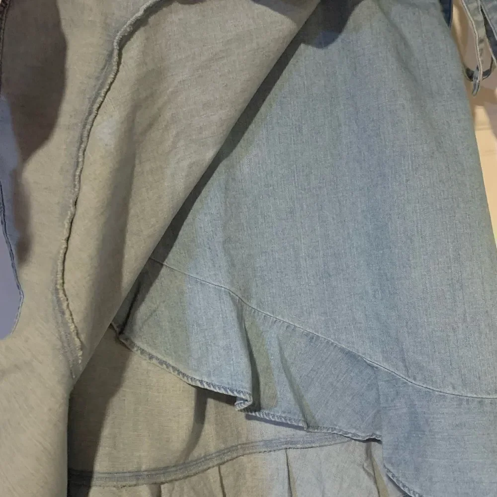 J Crew Mercantile Soft DenimBlue Mini Wrap Skirt with Ruffled Hem